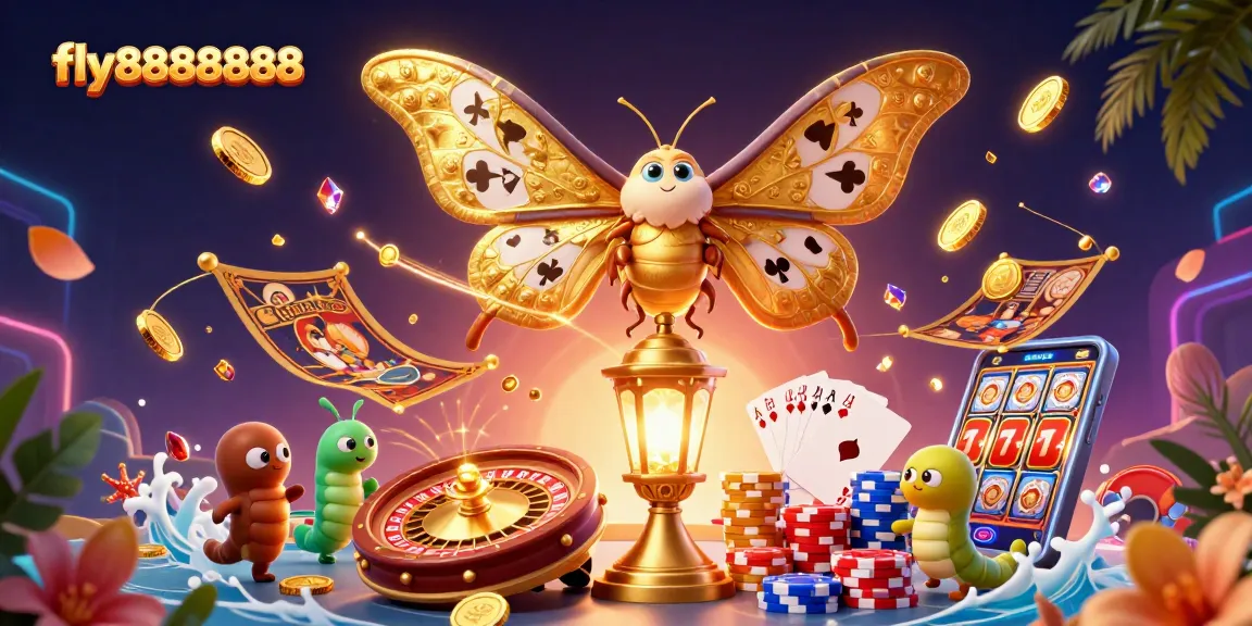 Experience thrilling gaming with fly88888888 showcasing a majestic moth amidst cascades of coins and vibrant casino elements.