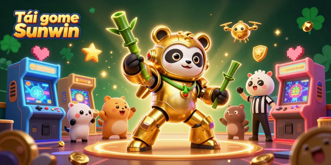 Tải game Sunwin visually showcases a golden panda in a mech suit amidst a colorful arcade casino scene.