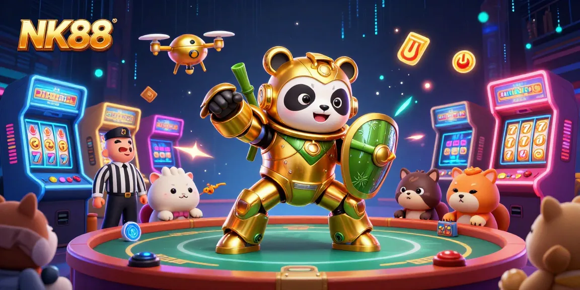 Experience excitement at NK88's vibrant casino arena with dynamic characters and game elements combined.