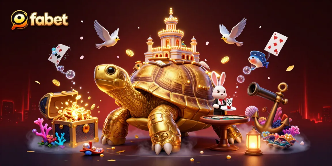 Experience fabet excitement as a rabbit dealer manages a vibrant casino on a giant tortoise's shell.
