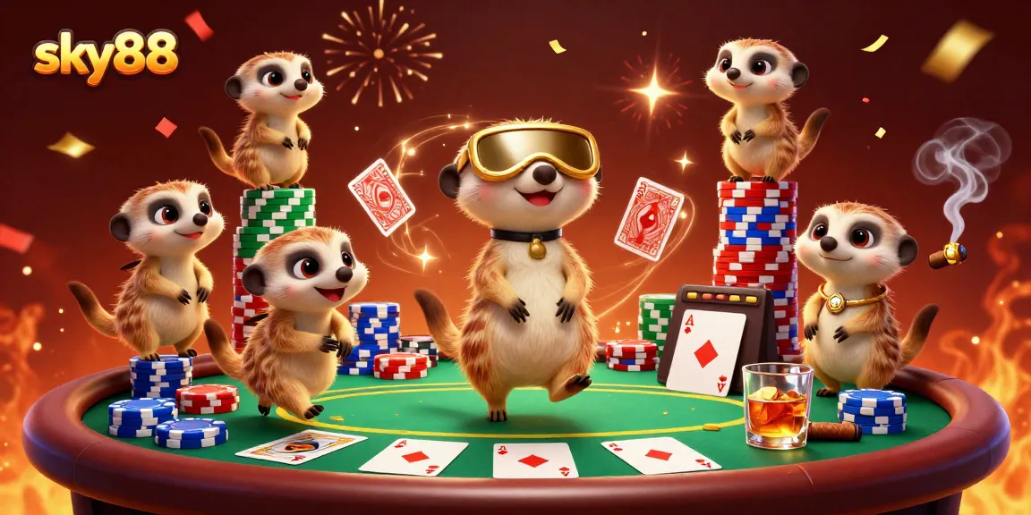 Engage in thrilling action at sky88's vibrant casino scene with meerkats managing games and chips.