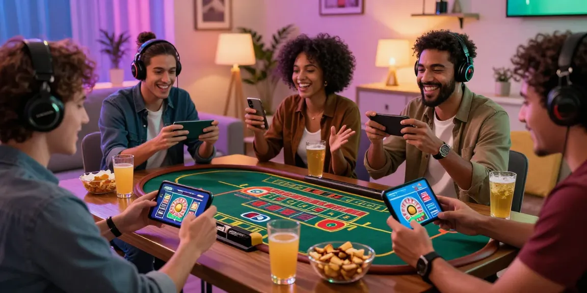 Exciting friends enjoying the Winbox MY live casino experience on mobile devices at home.