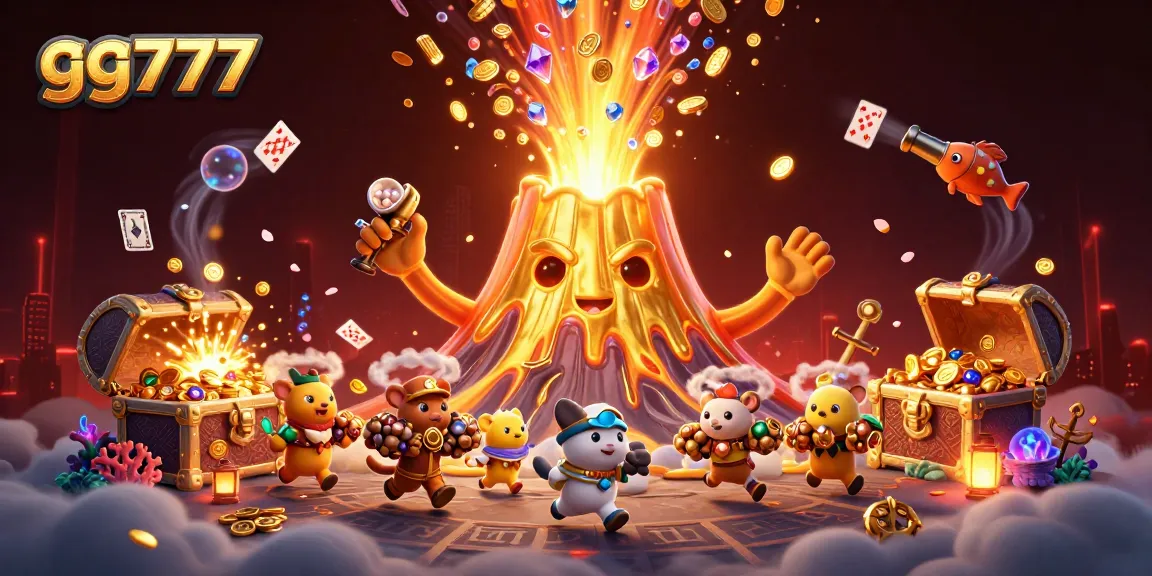 Experience the thrill of gg777, featuring a golden volcano erupting coins and gems with a lively treasure scene.