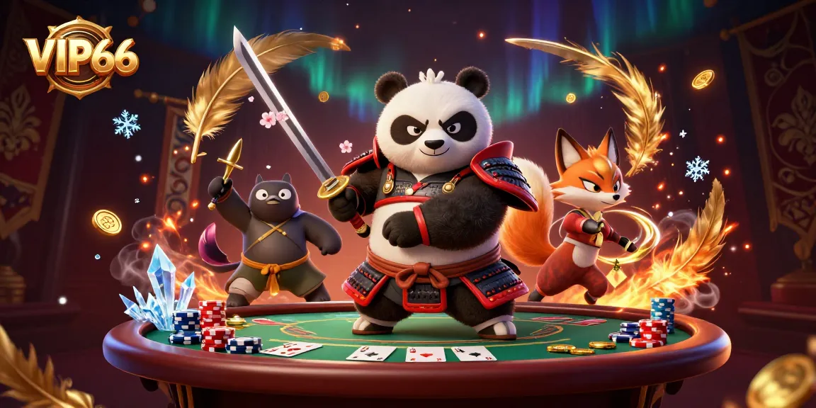 Experience the excitement of VIP66 with a vibrant casino scene featuring a samurai panda and ninja fox.