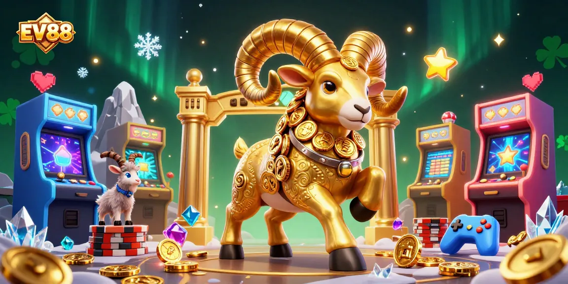 Experience thrilling gaming with EV88 as the golden ram charges through vibrant arcade games.