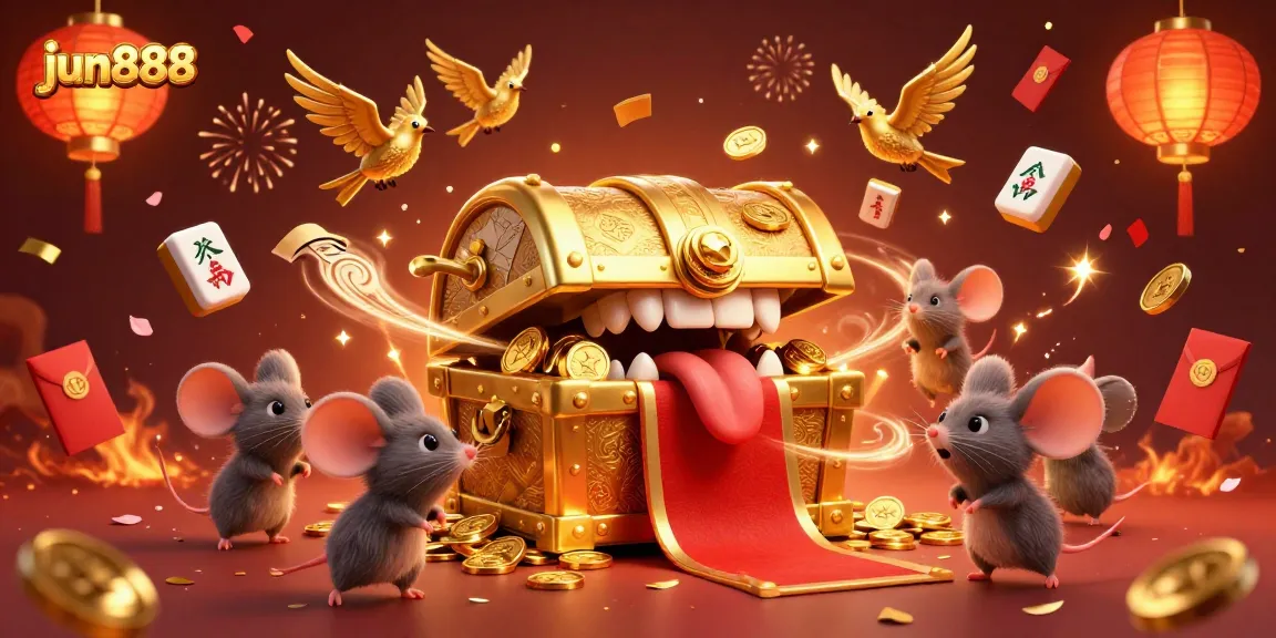 Experience the thrill of jun888 with a vibrant 3D illustration showcasing treasures, festive decorations, and gaming elements.