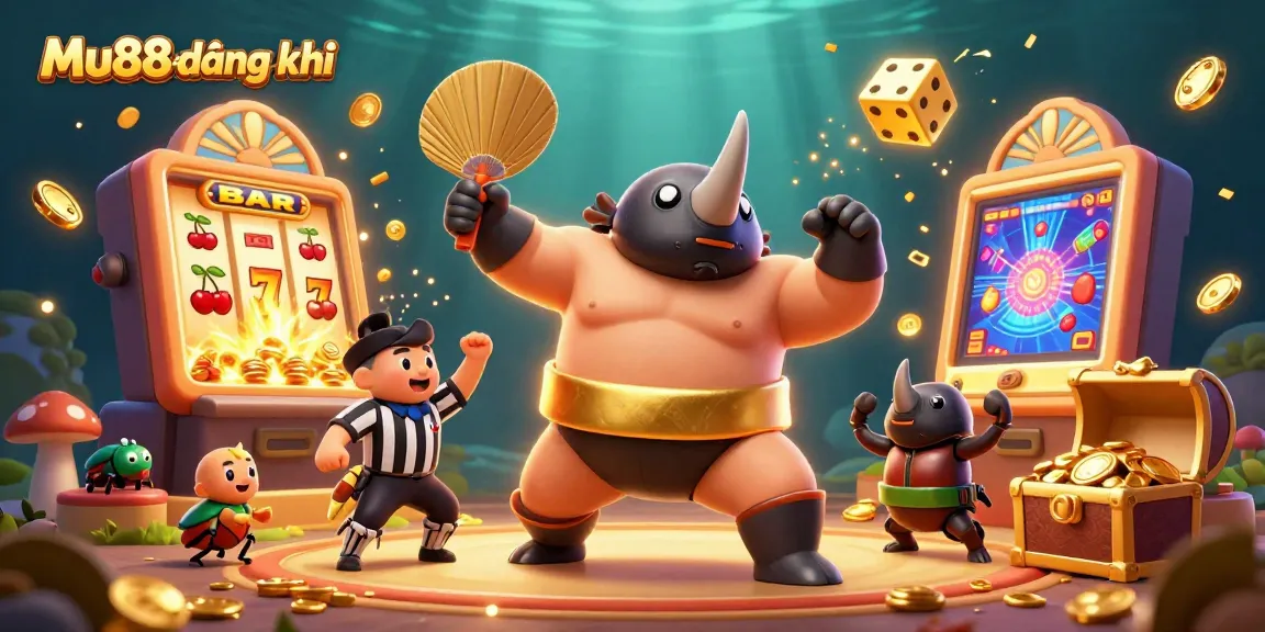 Mu88đăng ký showcases a thrilling casino celebration with a sumo champion beetle among animated game elements.