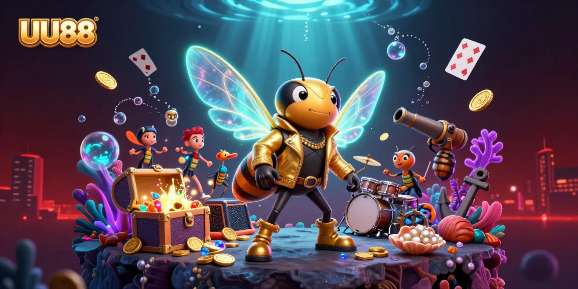 UU88 casino scene featuring a cicada rock star, treasure, and lively game elements.