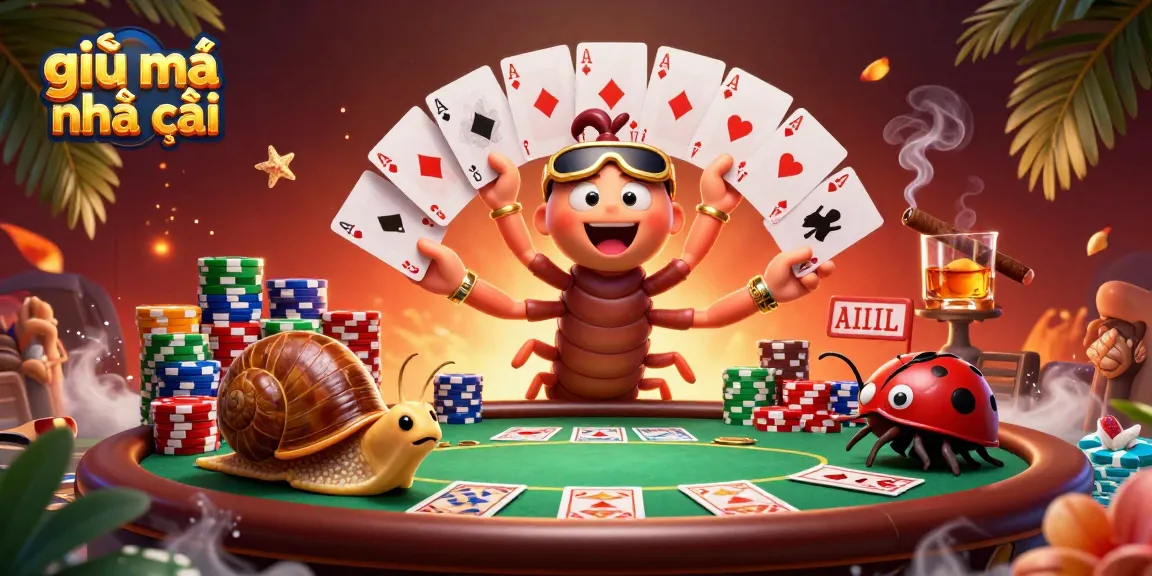 Engaging scene of giải mã nhà cái with a millipede dealer and high-roller snail at poker table.