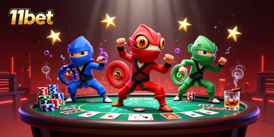 Watch the 11bet ninja chameleon trio execute poker strategies surrounded by casino elements.