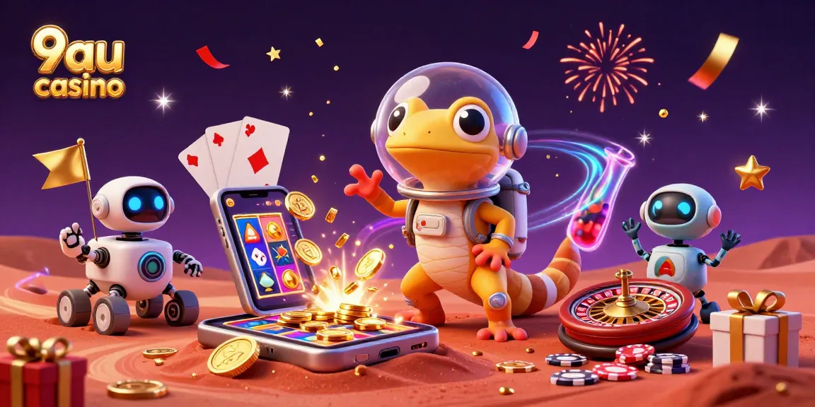 Engage with 9au casino's vibrant Martian scene featuring a gecko discovering a golden casino.