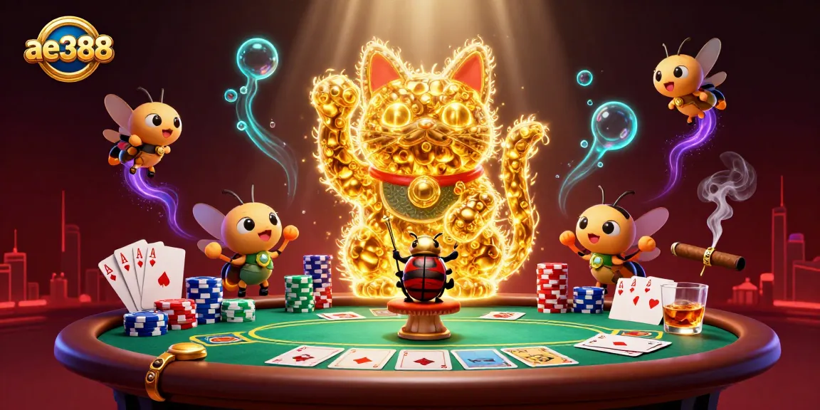 Engage with ae388's vibrant casino scene featuring captivating lucky cat and poker elements.