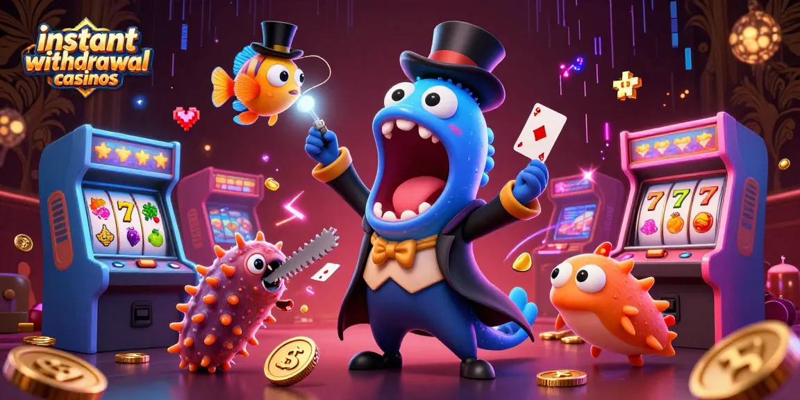 Engage with instant withdrawal casinos featuring colorful characters and vibrant casino elements in a magical setting.