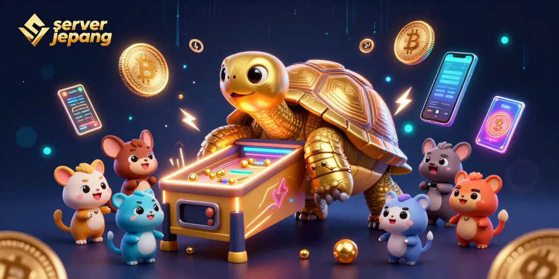 Experience thrilling gameplay with server jepang as eager characters await their turn at the colossal tortoise pinball.