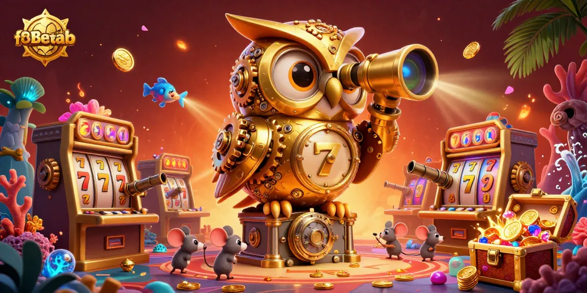 Encounter the lively f8betab casino scene with a golden owl overseeing slot machines and vibrant ocean treasures.