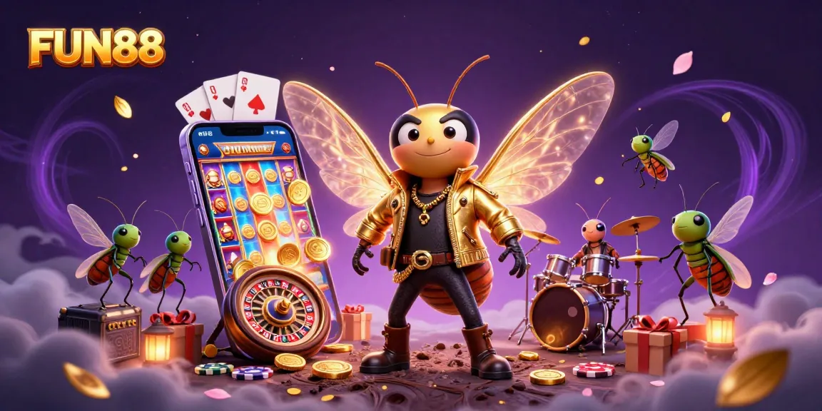 Experience FUN88's vibrant casino adventure with a colorful slot game and energetic characters