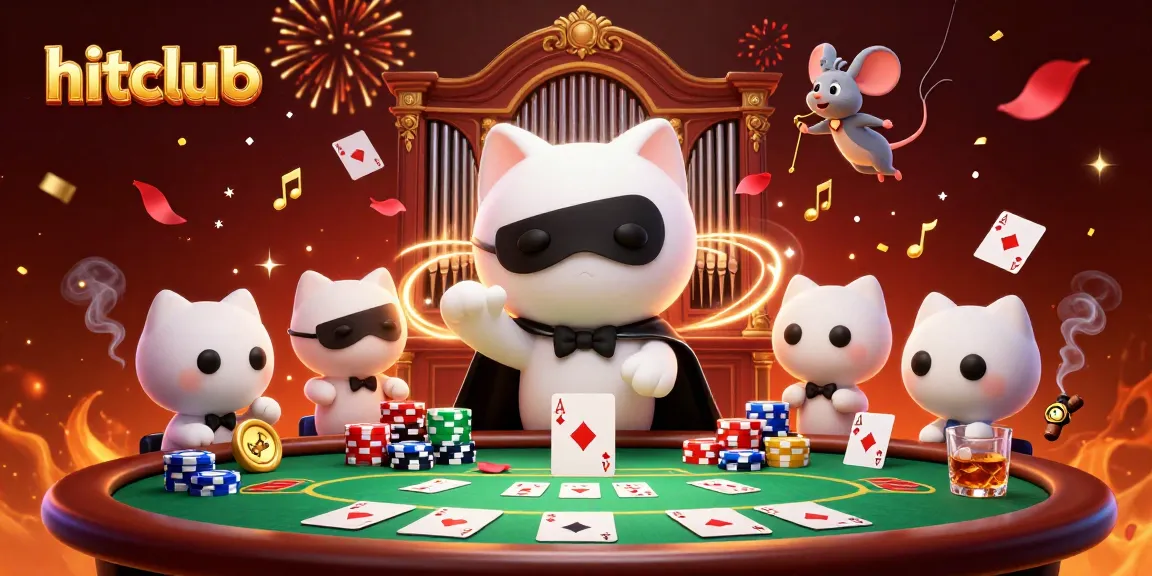 Engage with hitclub's thrilling 3D casino scene featuring a cat organist and vibrant gambling elements.