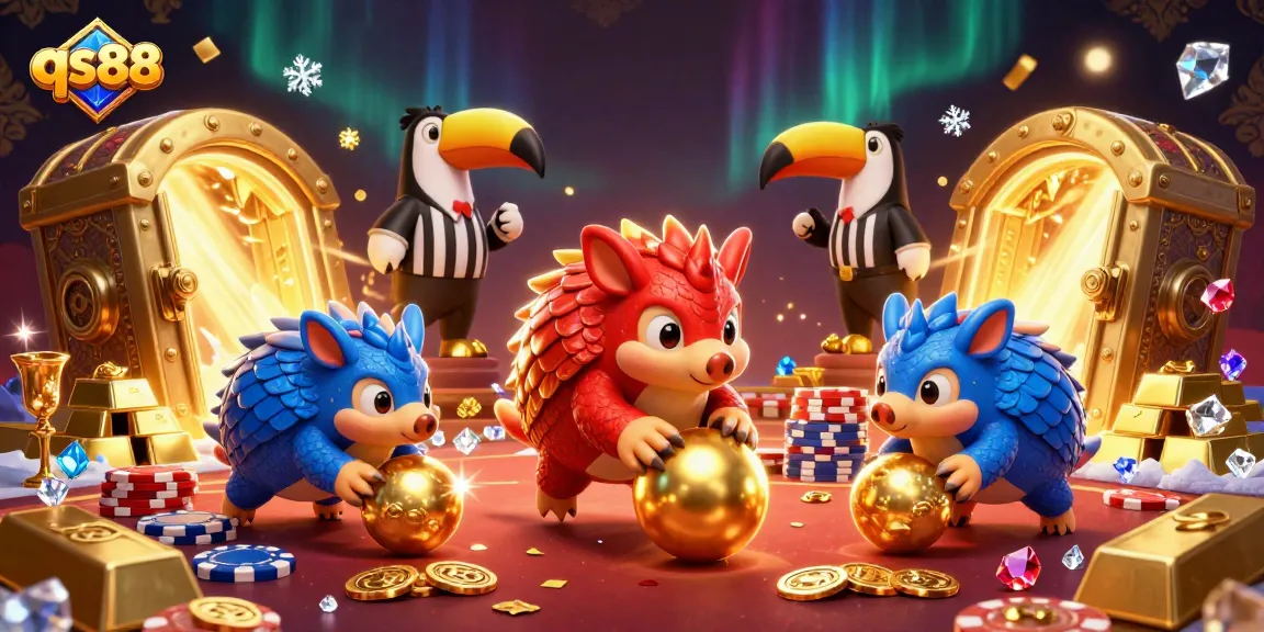 Experience an exciting game involving qs88 with pangolins bowling through poker chips in a vibrant casino atmosphere.