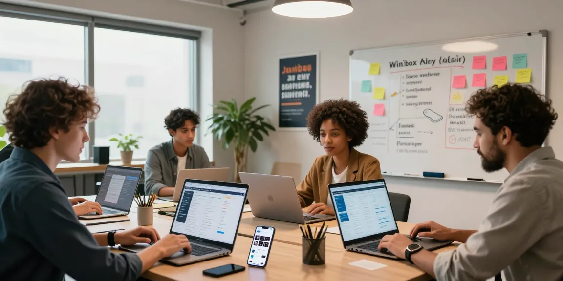 Together Winbox marketing team collaborating in a bright office space, showcasing innovative strategies for boosting online gaming platforms.