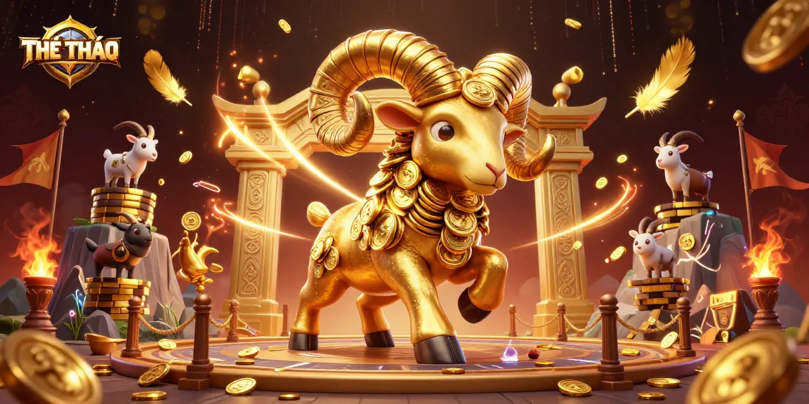 THỂ THAO showcases a dynamic betting arena with a golden ram charging at a gate, infused with casino elements.